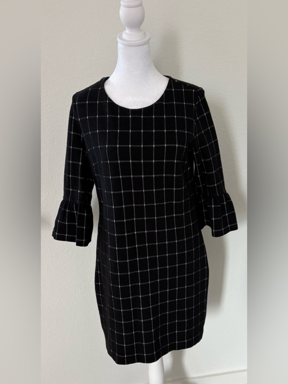 Banana Republic Black Windowpane Bell-Sleeve Midi Dress